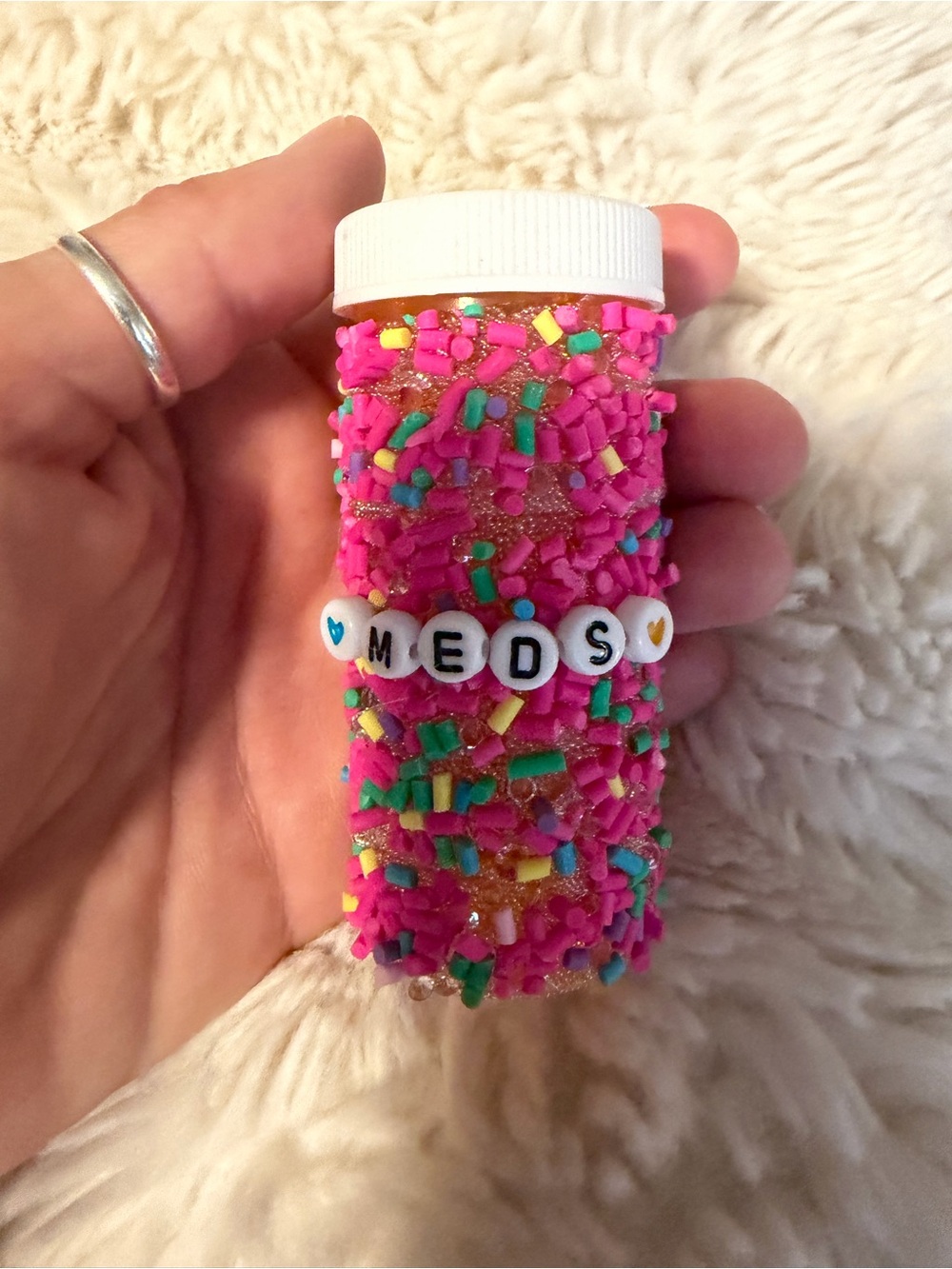 Pink Glitter Sprinkle Pill Bottle Cover with 'MEDS' Bead Accent